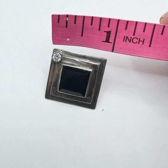 Single Pierced Earring Silver Black Onyx Cubic Zirconia Square Boho - Picture 2 of 7